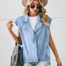 Oh Rare Women Solid Blue Lapel Collar Denim Jacket-picture-25