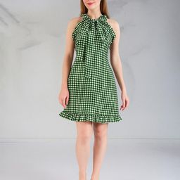 HOUSE OF MIRA Women Gingham Checked Halter Neck Ruffle Backless A-Line Mini Dress-image-50