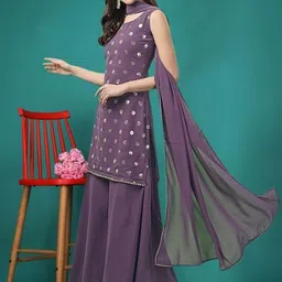 PARROT CREATION Geometric Embroidered Sequinned Georgette Kurti with Sharara And Dupatta image 3