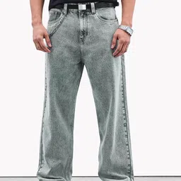 Snitch Men Light Grey Mid-Rise Heavy Fade Baggy Jeans-image-1