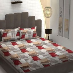 YaAkholic White & Red Geometric 210 TC Queen Bedsheet with 2 Pillow Covers-image-21