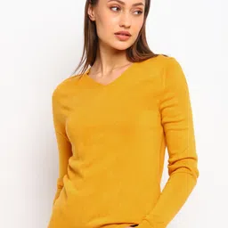 COVER STORY Women Solid Yellow V-Neck Pullover-image-83