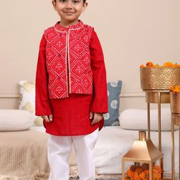 Budding Bees Boys Foil Printed Pure Cotton Kurta With Pyjamas & Nehru Jacket-picture-0