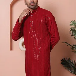 Jompers Men Checked Flared Sleeves Thread Work Kurta image 3