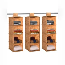 Aura Brown & Beige 3 Pieces Printed Foldable 4 Shelf Hanging Closet Organisers-15