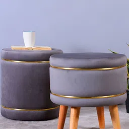 Shadowkart Set Of 2 Grey Wooden Round Shaped Ottomans-8
