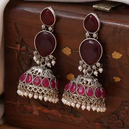 JEWILLEY Parnika Silver-Plated Artificial Stones Studded & Beaded Oxidised Jhumkas-12