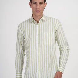 TEEMOODS Classic Slim Fit Striped Spread Collar Casual Linen Shirt-image-2