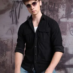 High Star Men Relaxed Fit Spread Collar Double Flap pocket utility Solid Textured Casual Shirt-image-24