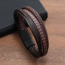 Designs & You Men Leather Silver-Plated Wraparound Bracelet-image-89