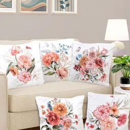 FABINALIV White & Pink 5 Pieces Printed Velvet Square Cushion Covers-image-92