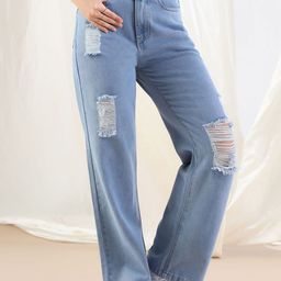 Mast & Harbour Women Classic Straight Fit High-Rise Slash Knee Jeans-image-10