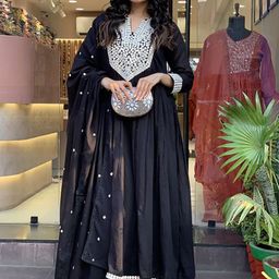 FASHION DREAM Geometric Embroidered Notch Neck Anarkali Kurta With Trousers & Dupatta-picture-49