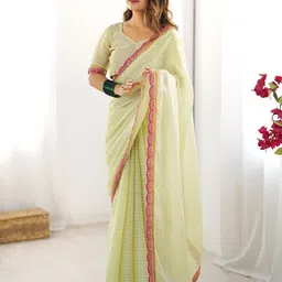 Satrani Striped Embroidered Pure Chiffon Saree-7