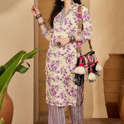 Sangria Floral Printed Mandarin Collar Pure Cotton Kurta With Trousers-picture-11