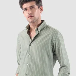 Beyoung Men Smoky Green Stripe Button Down Collar Shirt-image-4