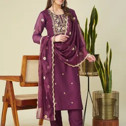 MOKOSH Floral Embroidered Thread Work Straight Kurta with Trousers & Dupatta-picture-28