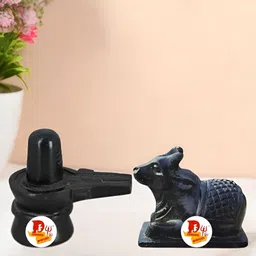 DARIDRA BHANJAN Black 2 Pieces Shivling and Nandi Statue Marble Religious Idol Showpiece-48