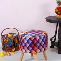 Shadowkart Blue & Red Printed Wooden Round Shaped Pouffes Ottomans-17
