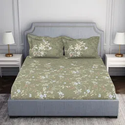 SPACES Green & Blue Floral Cotton 130 TC Queen Bedsheet with 2 Pillow Covers-22