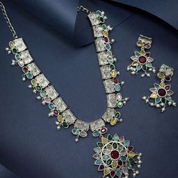 NAMAN ARTS Silver-Plated Stone Studded & Beaded Oxidised Jewellery Set-image-85