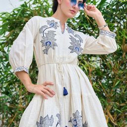 ZUMMER Women Floral Embroidered Puff Sleeve Pure Cotton Fit & Flare Dress-image-17