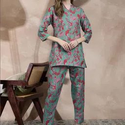 all about you Printed Mandarin Collar Tunic & Trouser Co-Ord Set-11