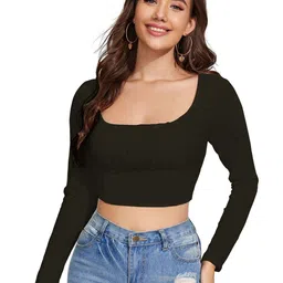 Enmozz Women Solid Regular Puff Sleeve Crop Top-picture-37