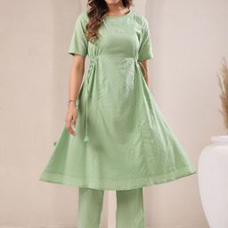 Janasya Self Design Dobby Pure Cotton A Line Kurta With Trousers-5
