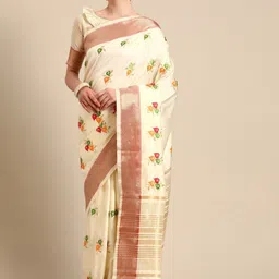 KAVINDI Floral Embroidered Silk Cotton Saree-image-3