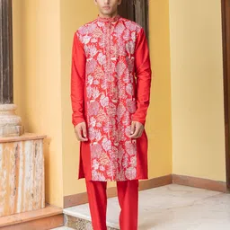 PATR Floral Embroidered Thread Work Mandarin Collar Cotton Silk Straight Kurta-image-99