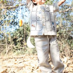 Funny Bones Boys Imperial Stars & Shuttle Embroidered Linen Shirt With Trouser-image-1