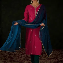 Indo Era Women Floral Embroidered Regular Kurta with Trousers & With Dupatta-17