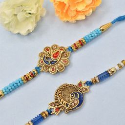 MEIRA JEWELLERY Set Of 2 Kundan Studded Rakhi With Roli Chawal & Greeting Card-image-55