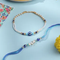 Sangria Artificial Stones Studded & Beaded Evil Eye Bhaiya Bhabhi Rakhis With Roli-16