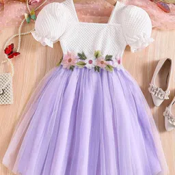 BAESD Tie and Dye Puff Sleeve Applique Net Fit & Flare Dress-image-43