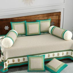 The Craft Monk Green & Yellow 8 Pieces Printed Pure Cotton Diwan Set-13
