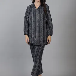 CORSICA Printed Cotton Collared Neck Long Sleeve Shirt With Trouser Co-Ords-image-89