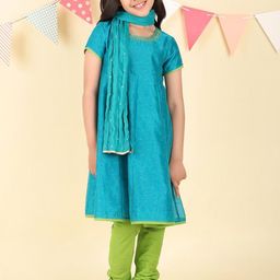 Fabindia Girls Floral Printed Round Neck Cotton Silk A-Line Kurta With Churidar & Dupatta-picture-13