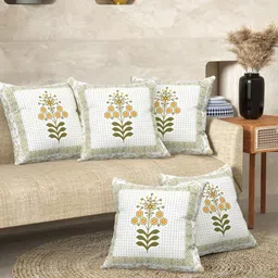 Anadhika Set of 5 Mustard Yellow Printed Square Cotton Cushion Covers-picture-5