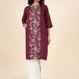 RANGMANCH BY PANTALOONS Women Geometric Keyhole Neck Flared Sleeves Thread Work Kurta-image-12