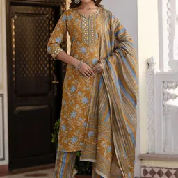 Kohsh Women Floral Printed Regular Pure Cotton Kurta with Trousers & With Dupatta-picture-57