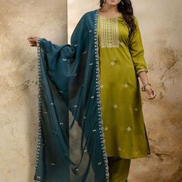 VredeVogel Ethnic Motifs Embroidered Round Neck Straight Kurta With Trousers And Dupatta-picture-54