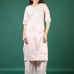 V-Mart Floral Embroidered Sequinned Work Round Neck Straight Kurta With Palazzos-picture-52