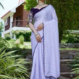 K 5 Fashion Striped Beads and Stones Pure Chiffon Saree-image-69