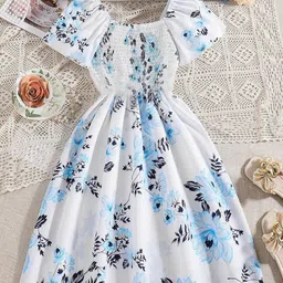 White World Girl's Floral Print Flutter Sleeve Fit & Flare Maxi Dress-image-86