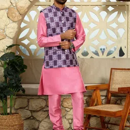 KRAFT INDIA Mandarin Collar Straight Kurta with Churidar & Printed Nehru Jacket-picture-37