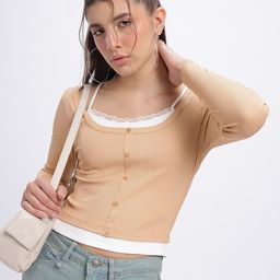 glitchez Modern Attitude Ribbed Crop Fitted Top with Mock Buttons-image-98