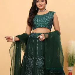 ODETTE Embroidered Sequinned Net Semi-Stitched Lehenga & Unstitched Blouse With Dupatta image 2
