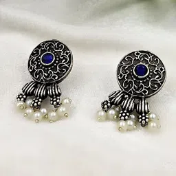 Yash Jewels Emporiums Silver Plated Artificial Stones Studded Oxidised Drop Earrings-8